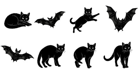 Obraz premium A collection of black cats in various poses with bats on a white background for halloween decor