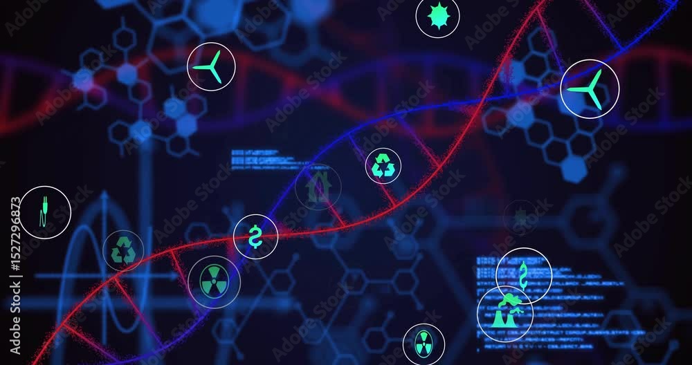 Poster on start red dna helix emerging attracting green energy icons orbiting visualizing data flow