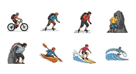 A collection of people engaged in various extreme sports and outdoor recreational activities in different scenes