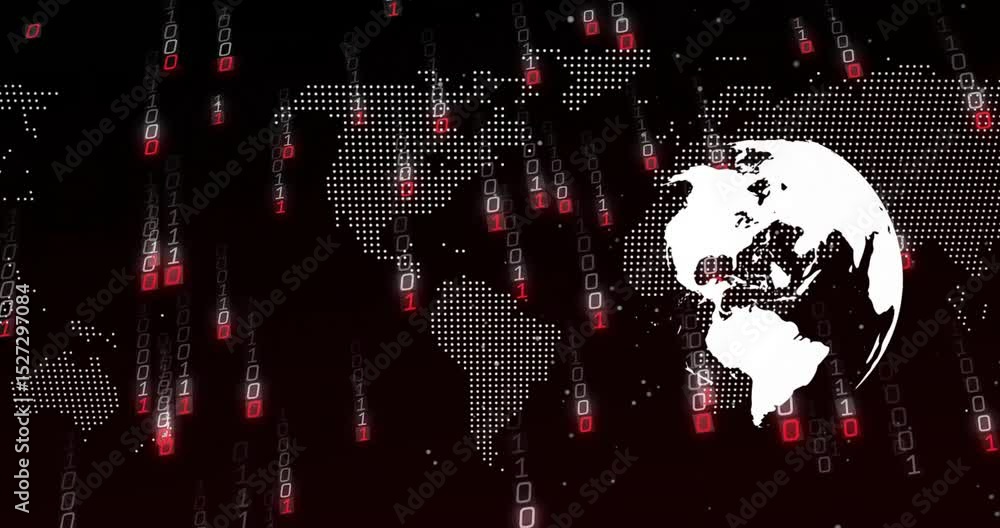 Poster dotted map emerging, white globe rotating and binary code cascading, visualizing global data flow