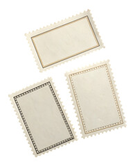 Three blank vintage postage stamps isolated on transparent background