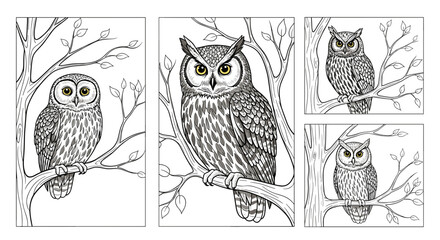 Illustrations of owls perched on branches in black and white drawing style with leaves and trees © flavia