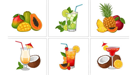 Illustration of tropical fruit arrangements and cocktails in a vibrant and colorful style design