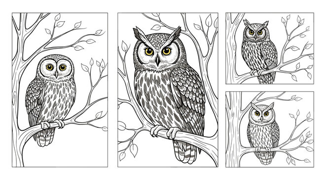 Illustrations of owls perched on branches in black and white drawing style with leaves and trees