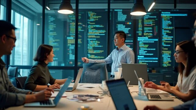 Dynamic Business Meeting in a Modern Conference Room with a Focus on Team Collaboration and Presentation - Powered by Adobe