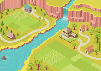 beautiful nature with waterfall, river and agricultural area