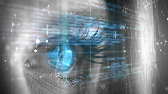 Right eyelid lifting and revealing blue iris as holographic panels materializing and scanning iris