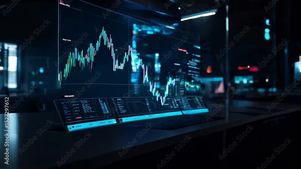 Poster futuristic stock market analysis on multi-screen display with dynamic graphs and data insights
