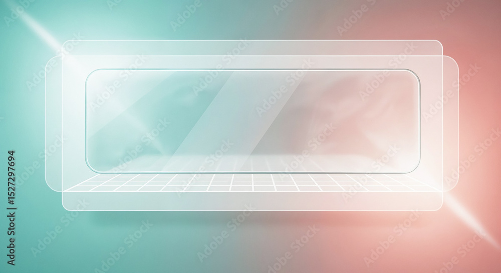 Poster futuristic transparent screen floating on checkered surface with teal and pink background
