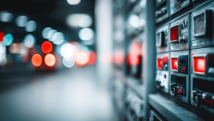 Industrial control panel with blurred city lights