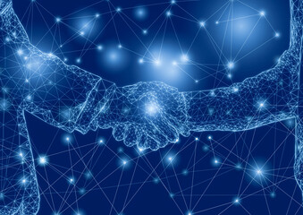 Businesspeople shaking hands symbolize cooperation and the confirmation of a business agreement, with lines representing technology.