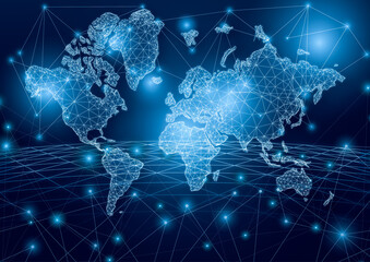 The world map, composed of lines and connected dots, represents the technological world of the future. Worldwide network technology in the future.