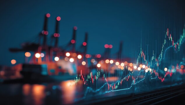 Night port city, financial data overlay