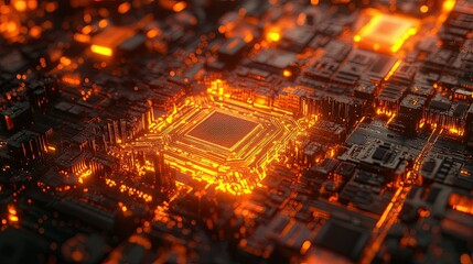 Fototapeta premium Glowing AI microchip embedded in a futuristic motherboard. -