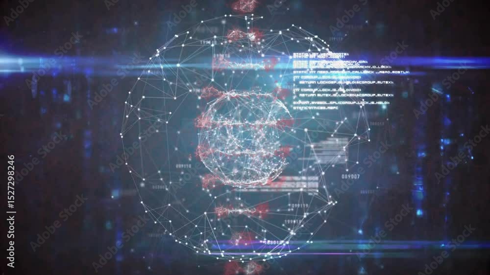Poster red particle stream emerging spiraling around mesh sphere while code updating visualizing data flow