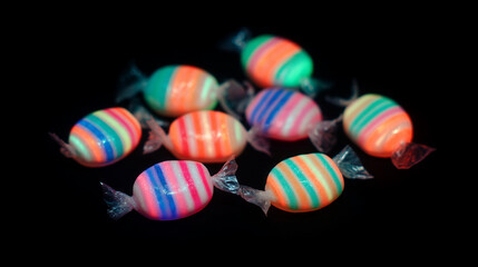 Colorful Striped Candies in Transparent Wrappers Against a Black Background Close-Up