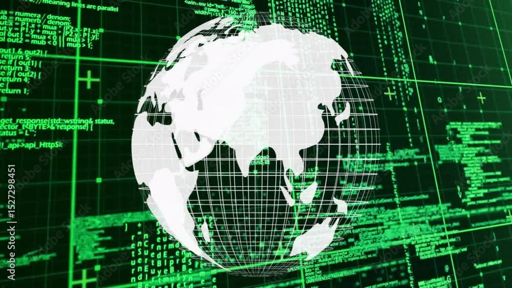 Poster on start 3d wireframe globe slowly rotating to reveal regions with code streams showing data flow