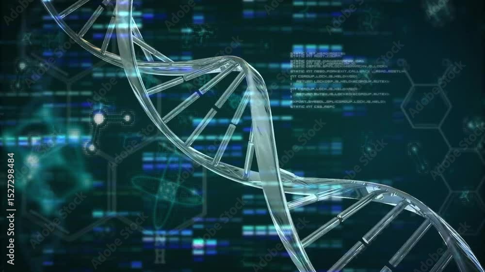 Poster entering view 3d helix rotating clockwise, pulsing glow, scrolling code, visualizing molecular data