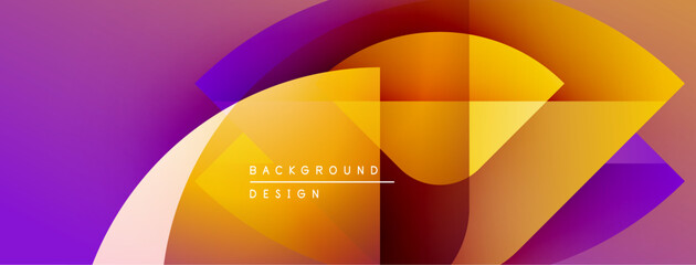 Abstract geometric shapes blend vibrant orange, purple hues. Modern design suggests fluidity, energy, dynamic composition. Background features text elements.