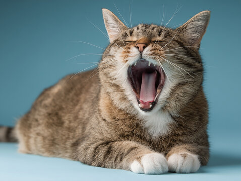 Yawning Tabby Cat on Blue Background / 파란 배경의 하품하는 태비 고양이
