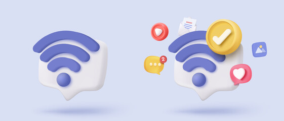 3d icon wireless connect and sharing network on internet. Hotspot access point for coverage. Broadcasting area join with public WiFi. 3d wireless signal simplicity icon vector render illustration
