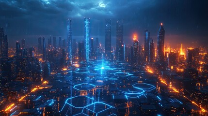 Glowing hexagonal Citysearch emitting a blue energy aura 