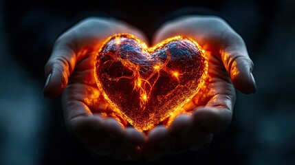 Glowing human heart held gently in open hands