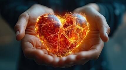 Glowing human heart held gently in open hands
