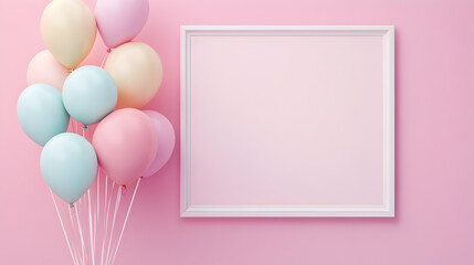 un marco o porta retrato vacio sobre un fondo rosa con espacio de copia con un ramo de globos en colore so tonos pastel ternura para invitacion o tarjeta de felicitacion