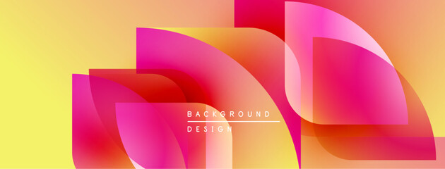 Abstract geometric shapes overlap, creating vibrant gradients. Yellow background complements pinks, oranges, reds. Modern design element.