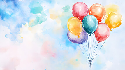 globos coloridos brillantes pintados en acuarela volando sobre un fondo pintado degradado y desvanecido con espacio de copia para invitacion de cumpleaños o tarjeta de felicitacion