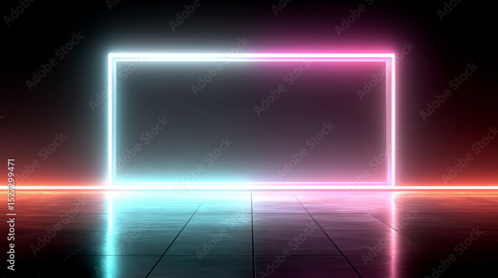 Poster abstract neon light frame with a colorful reflection on the floor in dark room