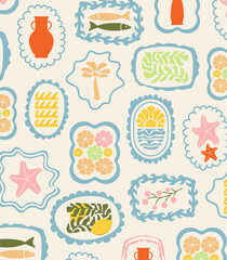 Modern abstract summer poster in sketch doodle style with hand drawn. Trendy design for cards, wall art, ads, print, decor, branding. Amalfi, Italian sea coast hand drawn icons. Summer sea vacation.