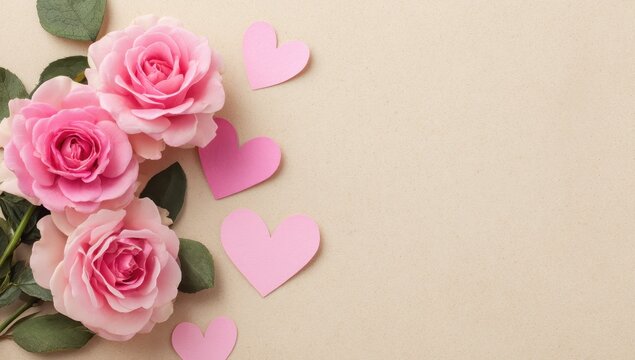 Naklejki Delicate pink roses and hearts on beige background