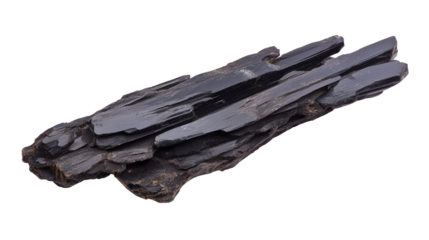 Raw ilvaite mineral chunk with elongated crystals Transparent background, PNG file