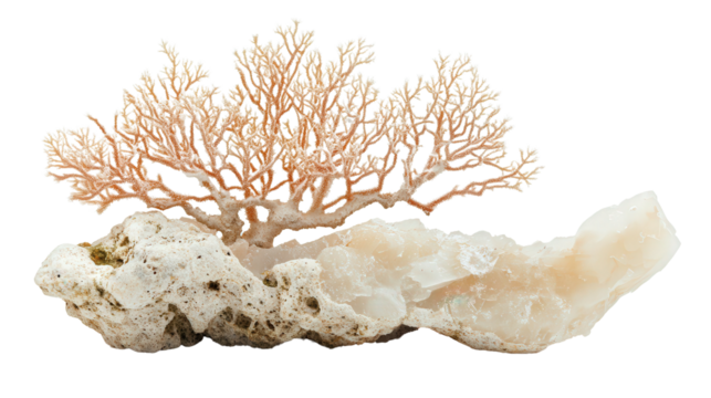 Raw aragonite chunk with coral-like branches Transparent background, PNG file