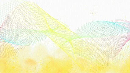 A vibrant abstract design featuring interwoven, multicolored lines creating a dynamic wave pattern against a soft, pastel yellow backdrop
