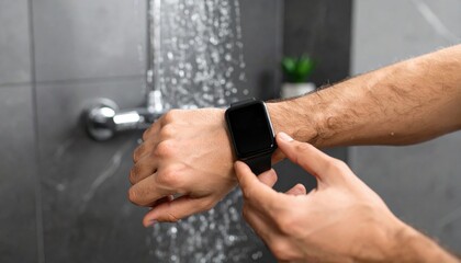 A person checks a smartwatch while standing under running water in a modern shower.