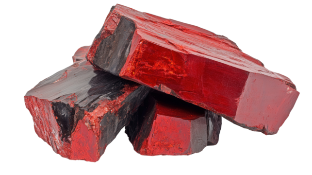 Raw cinnabar chunk with red mercury sulfide, Transparent background, PNG file