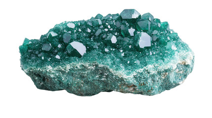 Raw dioptase chunk with intense emerald green crystals, Transparent background, PNG file