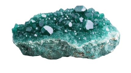 Raw dioptase chunk with intense emerald green crystals, Transparent background, PNG file