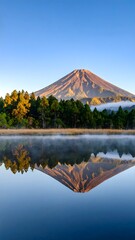 Golden hour mirror reflection of mount and lake