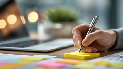 A close-up image of a hand holding a pen and writing on a yellow sticky note in a brightly lit, modern workspace.