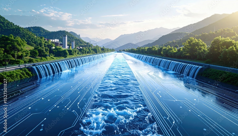 Poster a futuristic river flowing through a lush valley with digital circuit patterns blending into the wat