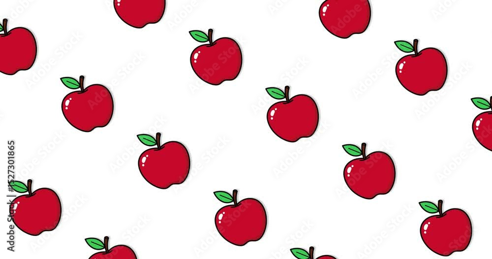 Poster illustration of a red apple in continuous horizontal motion, animated in a loop, on a white backgrou