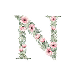 Floral alphabet N with watercolour flowers and leaf on a transparent PNG Background. Monogram initials perfect for wedding invitations, greeting card, logo, poster and other design