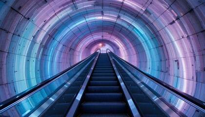 A contemporary escalator ascending through a concrete tunnel's digital aurora