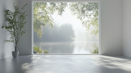 serene white room with large window showcasing misty summer landscape by calm lake