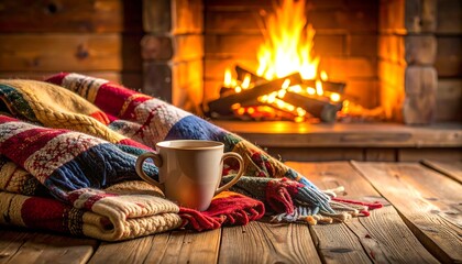 Warm Beverage and Cozy Blanket by Rustic Fireplace