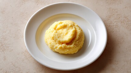 Portion of creamy yellow polenta served on a white plate